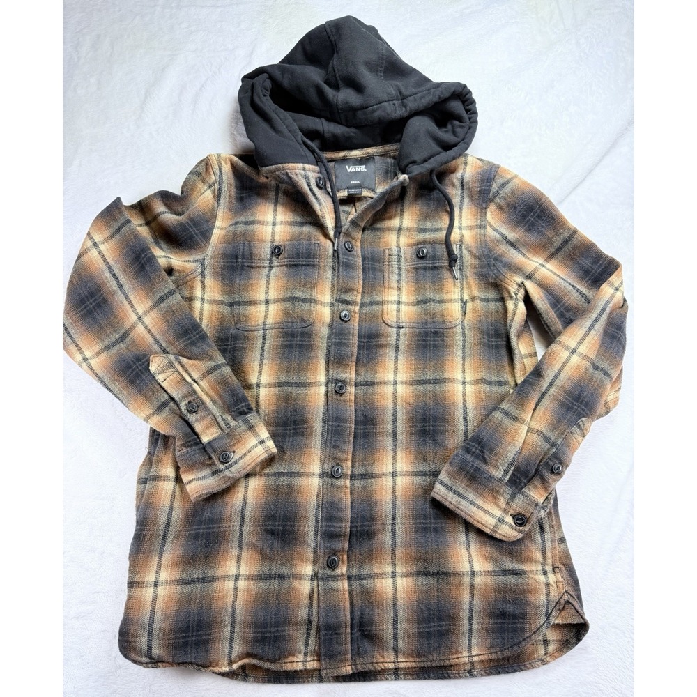 Vans Off The Wall Hooded Flannel Shirt Jacket Mens Small Rust Black Plaid Skate